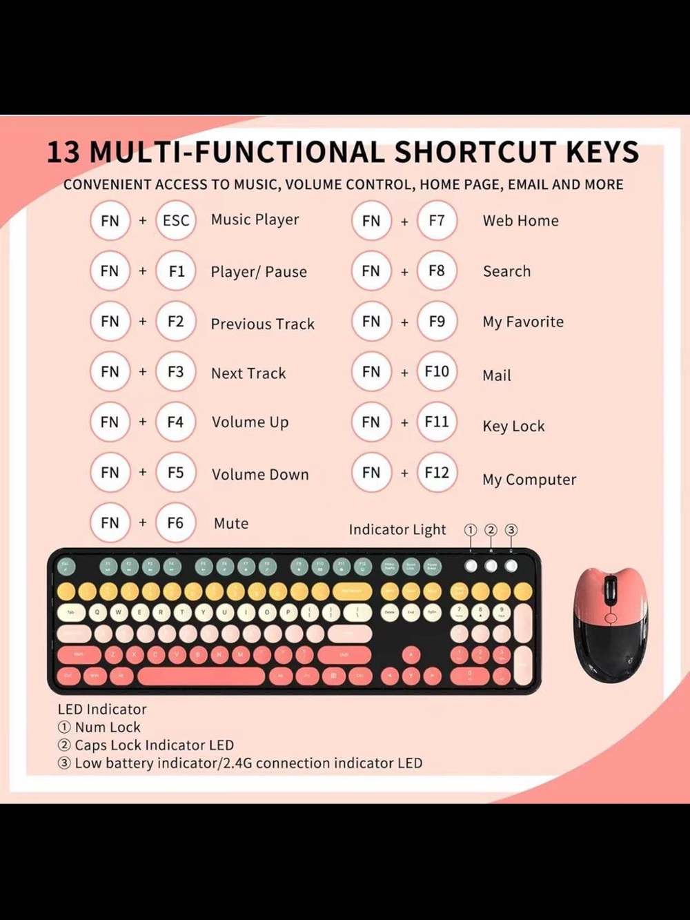 Wireless Retro Round-Key Keyboard & Matching Mouse - Multicolor - Picture 7 of 8